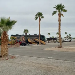 An RV bus parked at the RV park